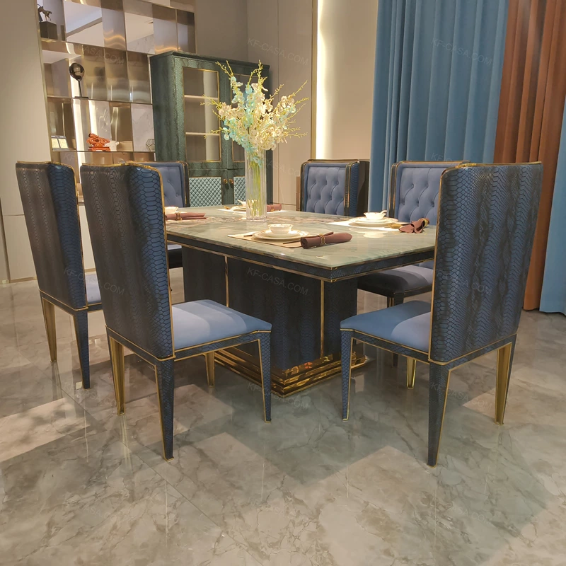 Green Wave Marble Dining Table with Snake-Skin Texture Base & Gold Stainless Steel Accents